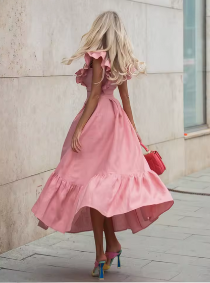 Two-Piece Set with Ruffled Short-Sleeve Crop Top and High-Waisted Solid Color Maxi Skirt