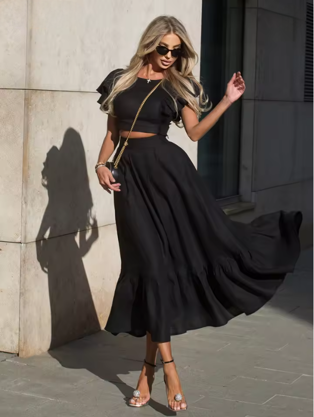 Two-Piece Set with Ruffled Short-Sleeve Crop Top and High-Waisted Solid Color Maxi Skirt