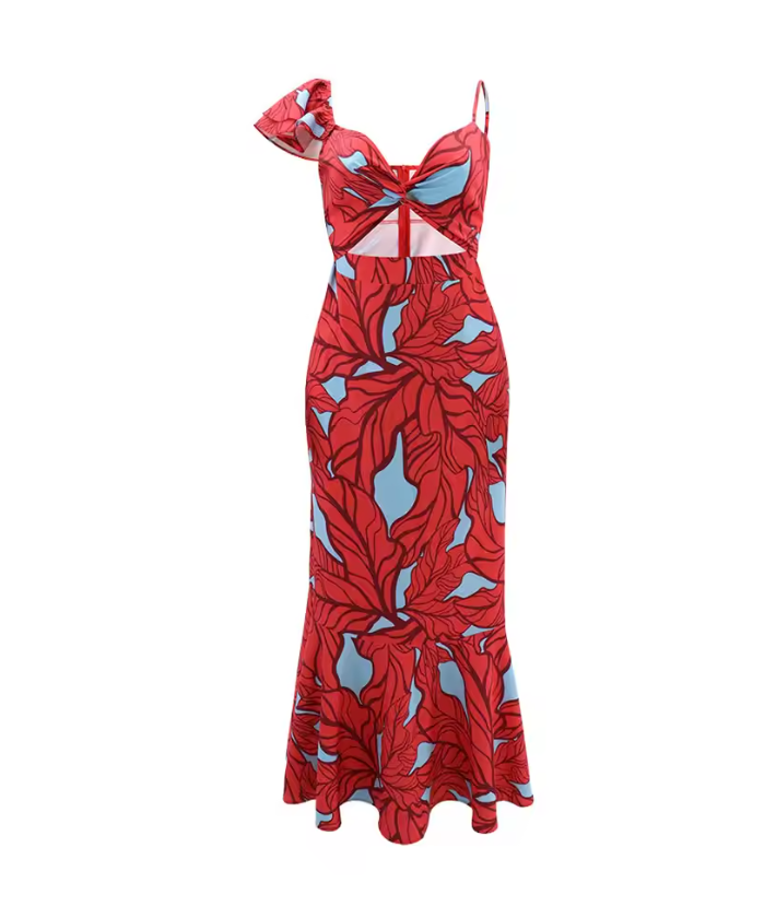 Floral Print High-Waisted Spaghetti Strap Cut-Out Maxi Dress