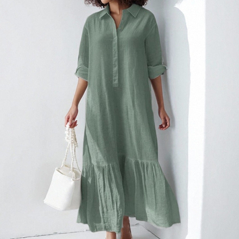 Asymmetrical Shirt Collar Button-Up Casual Long Sleeve Dress