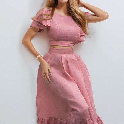 Two-Piece Set with Ruffled Short-Sleeve Crop Top and High-Waisted Solid Color Maxi Skirt