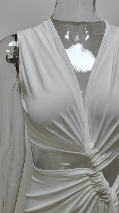 Cut-Out Knot V-Neck Sleeveless Pleated Asymmetrical Slit Dress